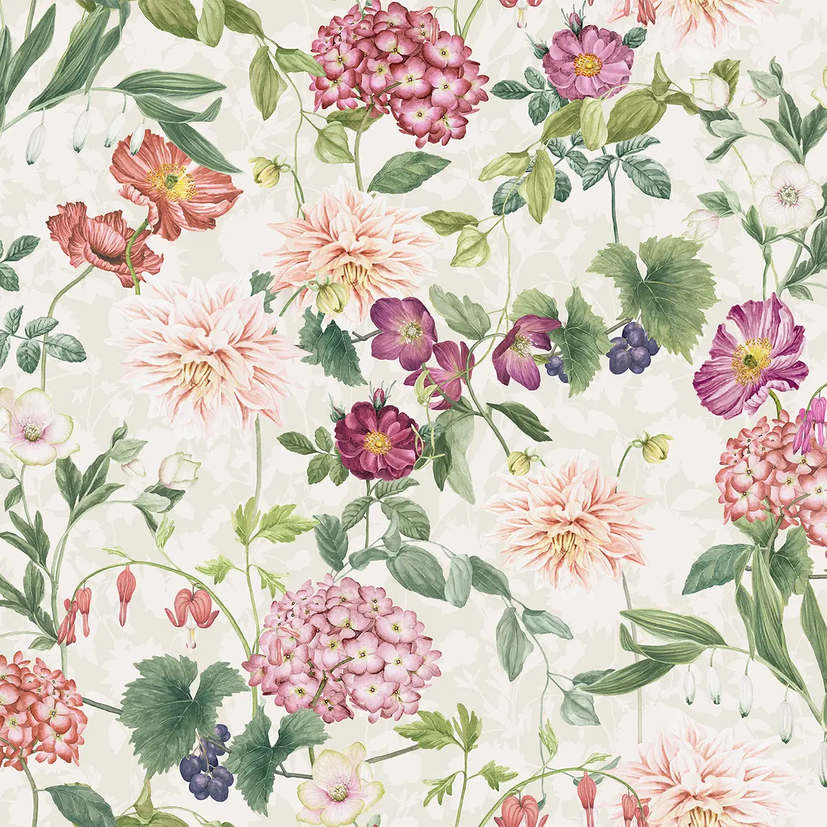 Ophelia Bettwäsche Design in Nahaufnahme Detailaufnahme des floralen Musters der Ophelia Bettwäsche, die weiche Blüten in Rosa, Violett und Grün auf einem weissen Hintergrund zeigt.