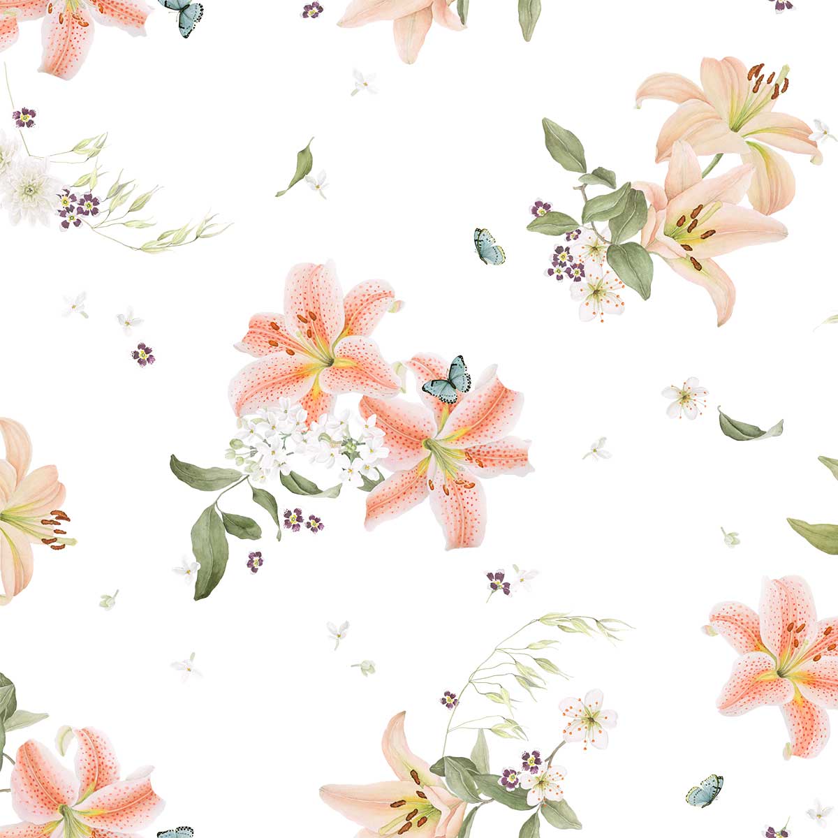 Blumenmuster der Lilian Bettwäsche auf weissem Hintergrund Detailansicht des Blumenmusters der Lilian Bettwäsche auf weissem Hintergrund, zeigt Lilien und Schmetterlinge.