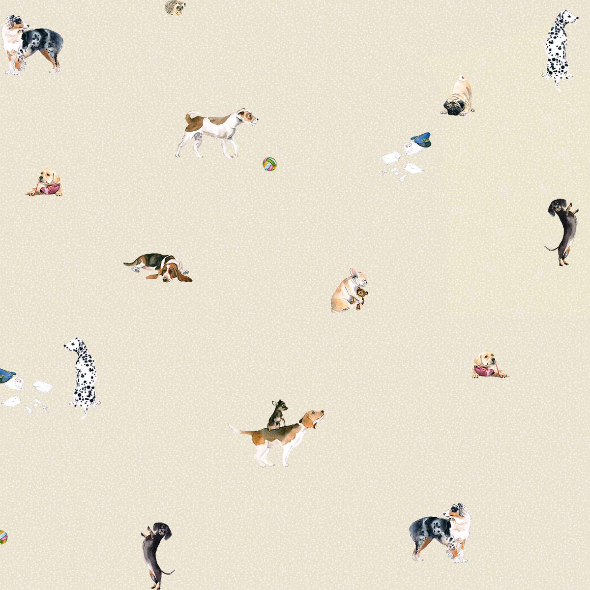 Bello Bettwäsche Design-Muster Detailansicht des Bello Bettwäsche Designs mit verschiedenen Hunden auf beigem Hintergrund.