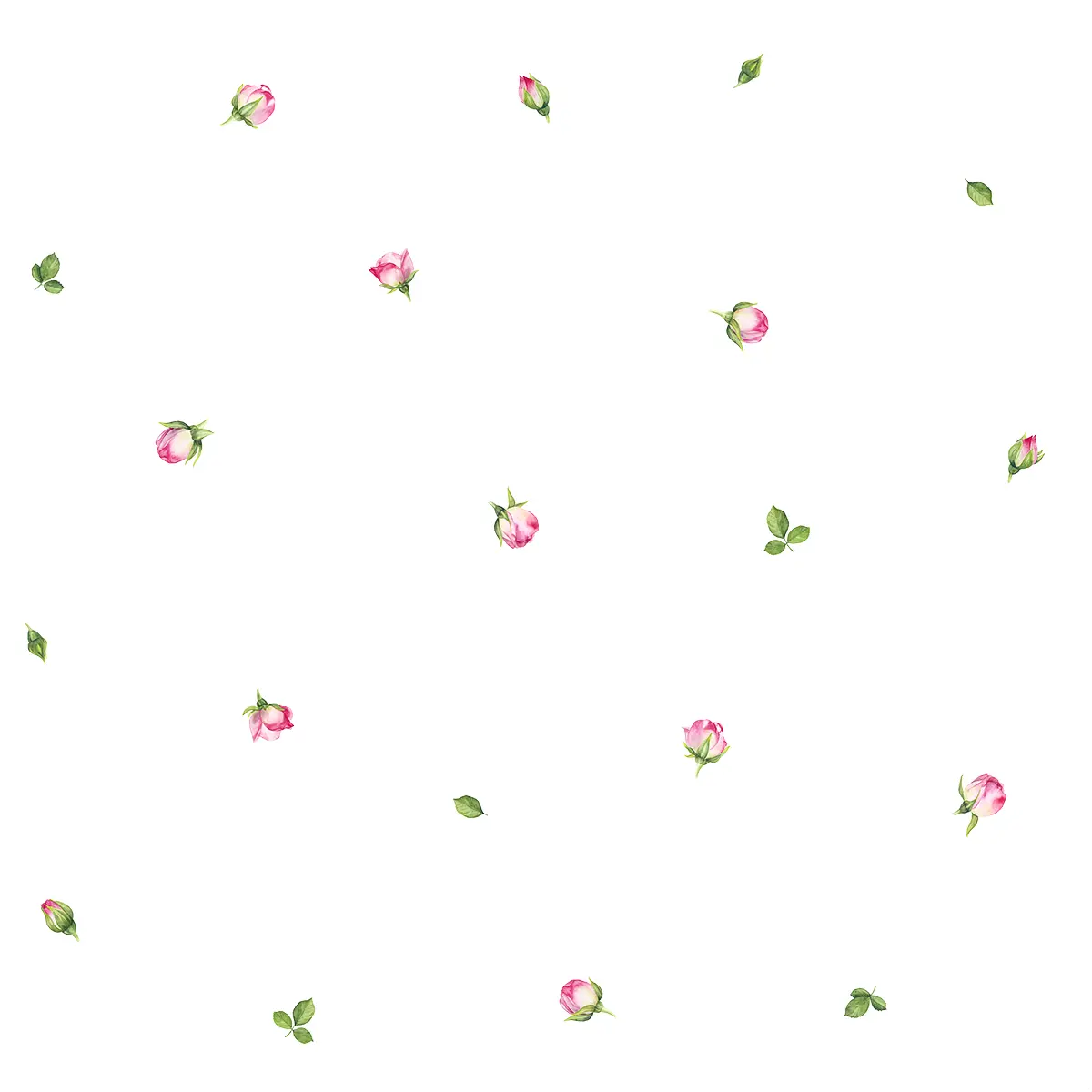 Zartes Blumenmuster der Jeunesse-Bettwäsche Detailansicht des filigranen Blumenmusters der Jeunesse-Bettwäsche, das kleine rosa Blüten und grüne Blätter auf einem weissen Hintergrund zeigt.