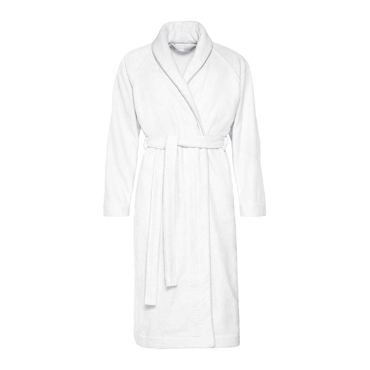 Bademantel Coshmere weiss ausgebreitet Ein ausgebreiteter weisser Bademantel aus der Coshmere-Kollektion.