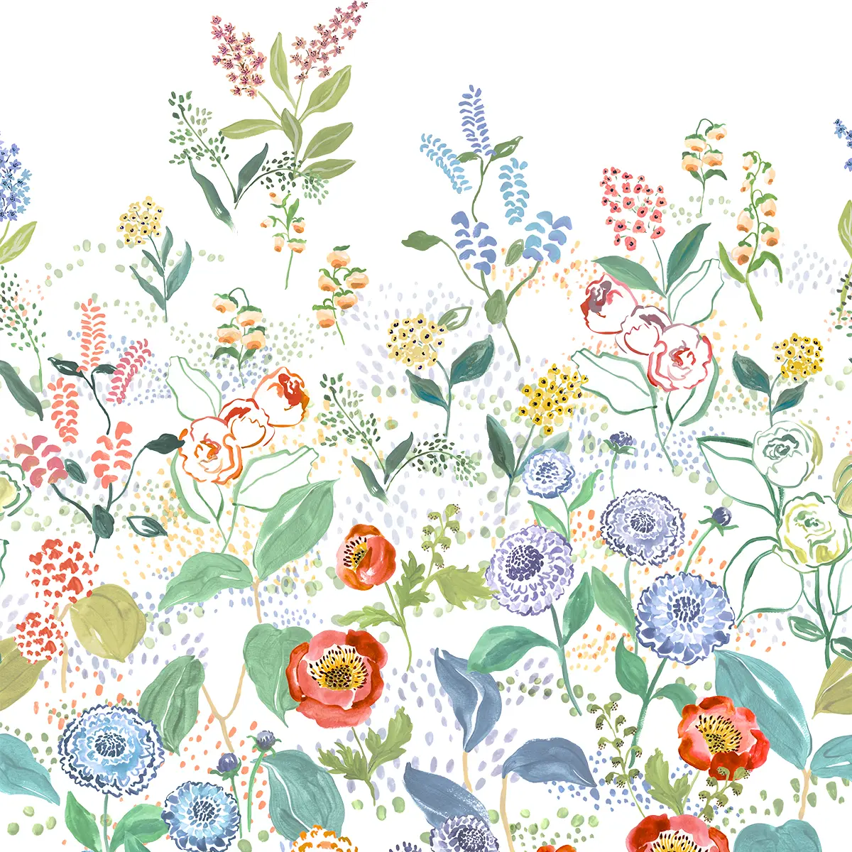 Bettwäsche Annika mit floralem Muster Illustration eines floralen Musters mit bunten Blumen und Blättern in verschiedenen Farben.