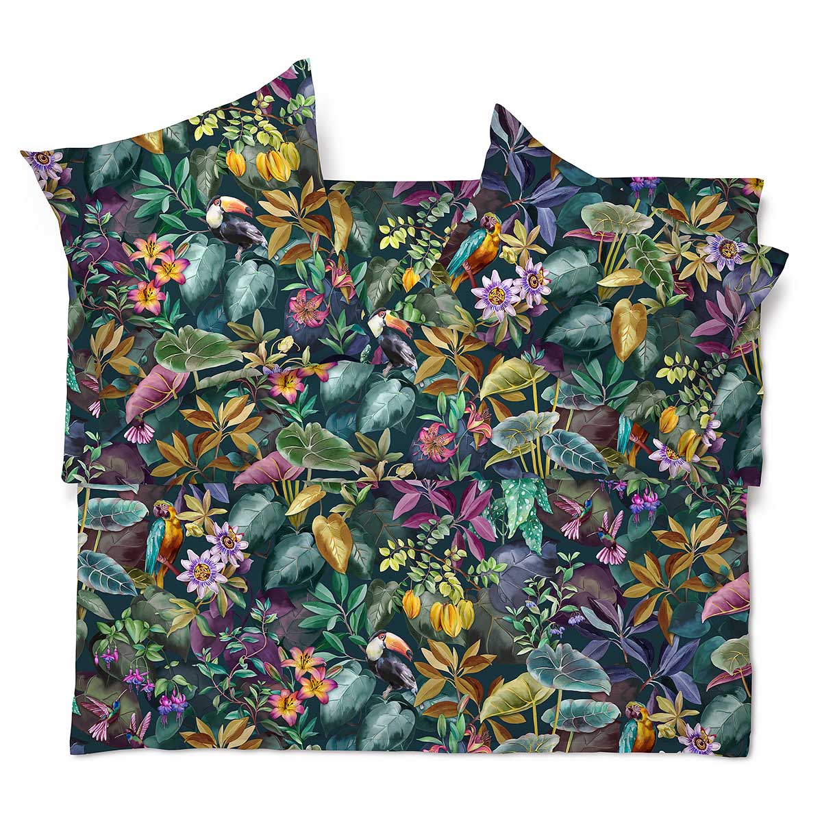 Jane-Bettwäsche Set mit tropischem Muster Jane-Bettwäsche Set mit lebendigem tropischem Design, das Blätter, Blumen und exotische Vögel zeigt.