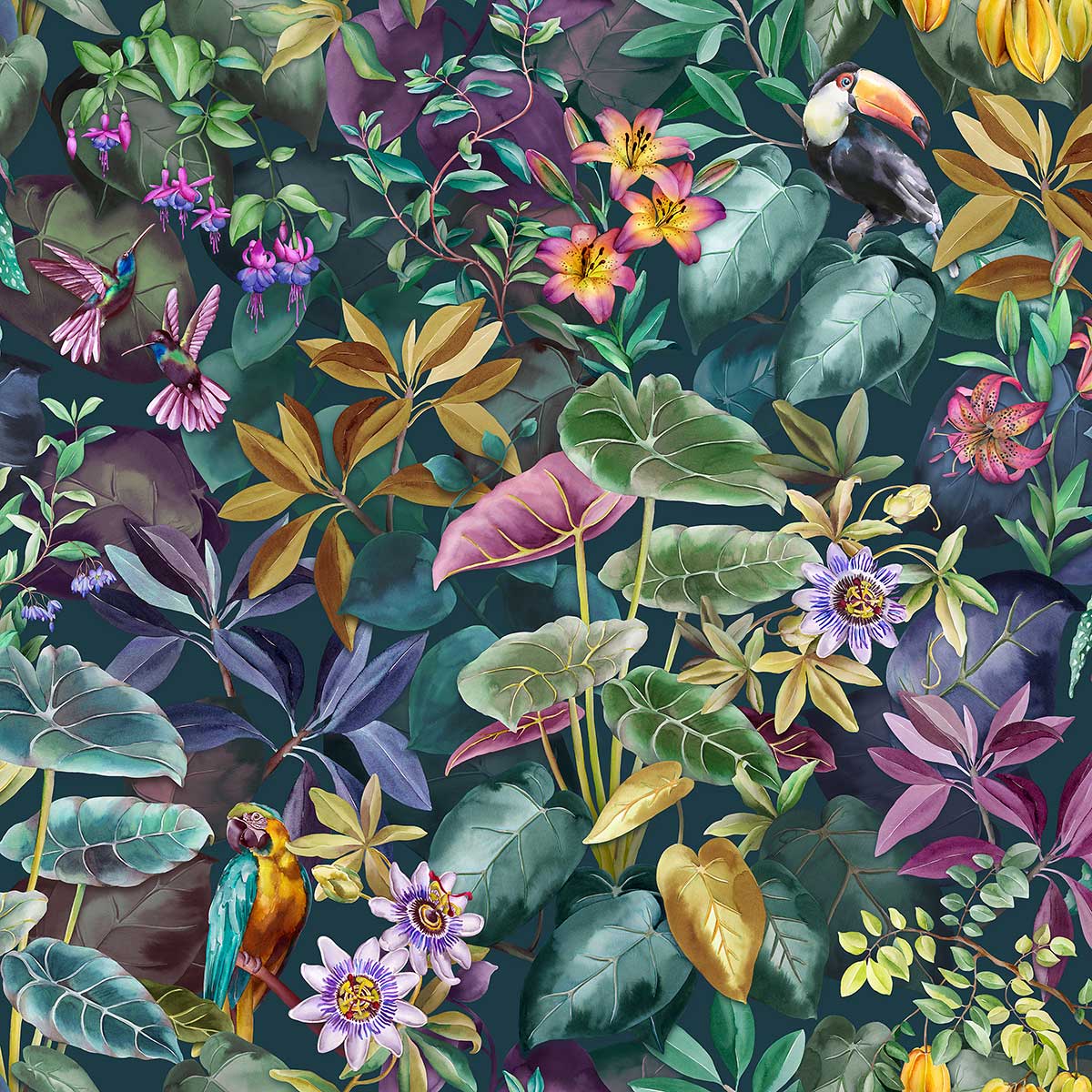 Detailaufnahme des tropischen Musters der Jane-Bettwäsche Nahaufnahme des üppigen Tropenmusters der Jane-Bettwäsche mit bunten Blumen, Blättern und exotischen Vögeln.