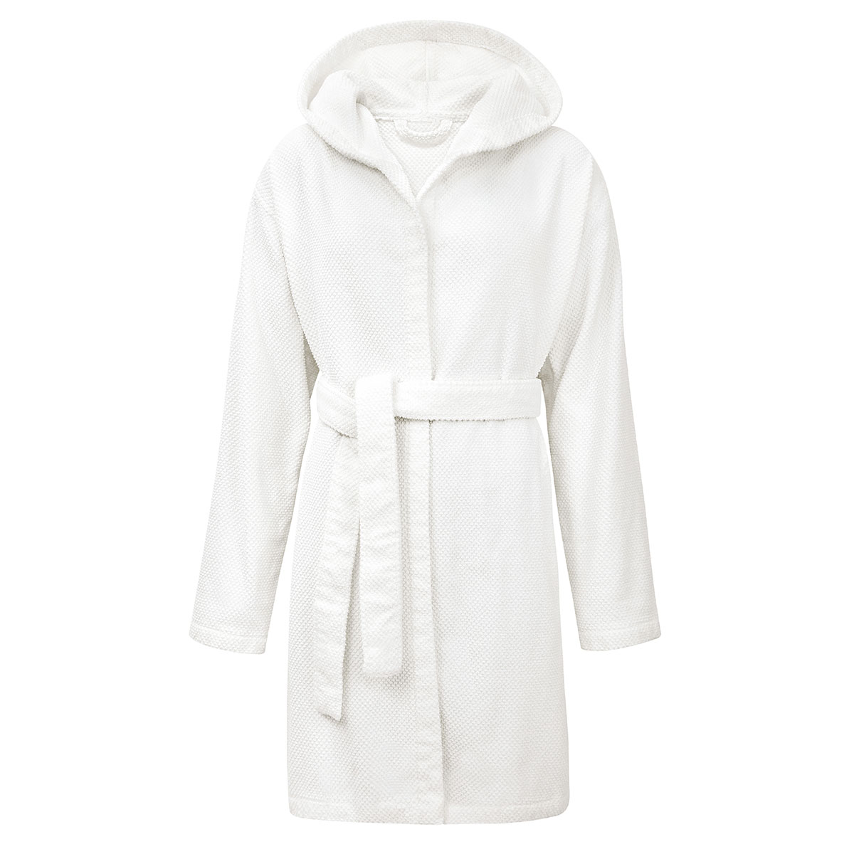 Schlossberg Frotterie Bademantel Nova Weiss Ein weisser Schlossberg Frotterie Bademantel Nova mit Kapuze und Guertel, in einer klassischen Schnittform.