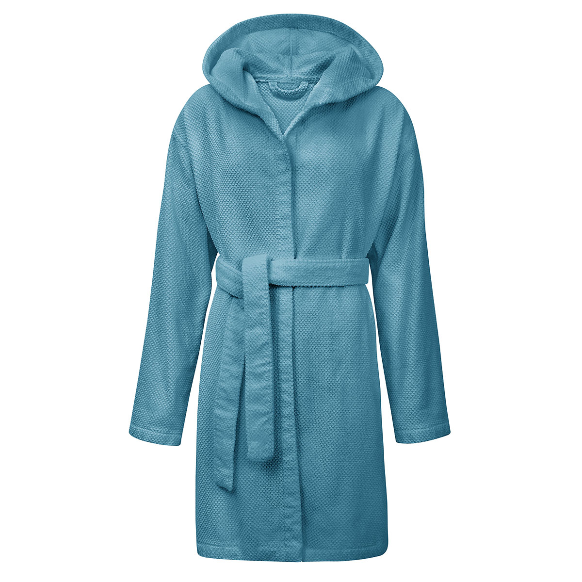 Schlossberg Frotterie Bademantel Nova Ocean Mannequin Der Schlossberg Frotterie Bademantel Nova in der Farbe Ocean, auf einem Mannequin präsentiert, mit Kapuze und Gürtel.