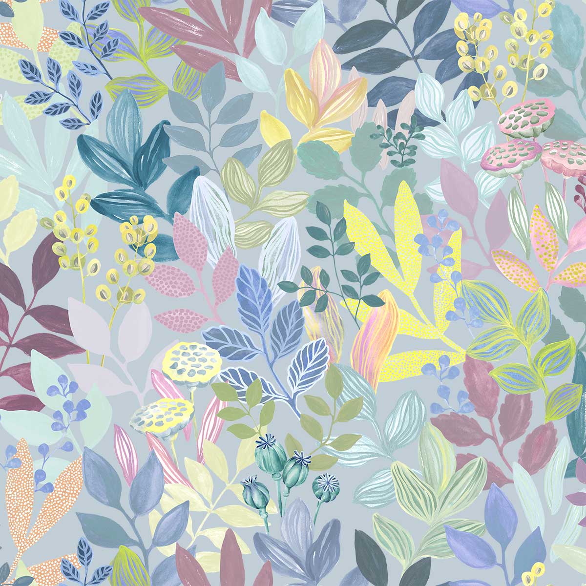 Lebhaftes Blättermuster auf der Bettwäsche "Frida" - Nahe Ansicht Bunte Bettwäsche "Frida" mit einem lebhaften Blättermuster in verschiedenen Farben und Formen, gezeigt in einer Nahaufnahme.