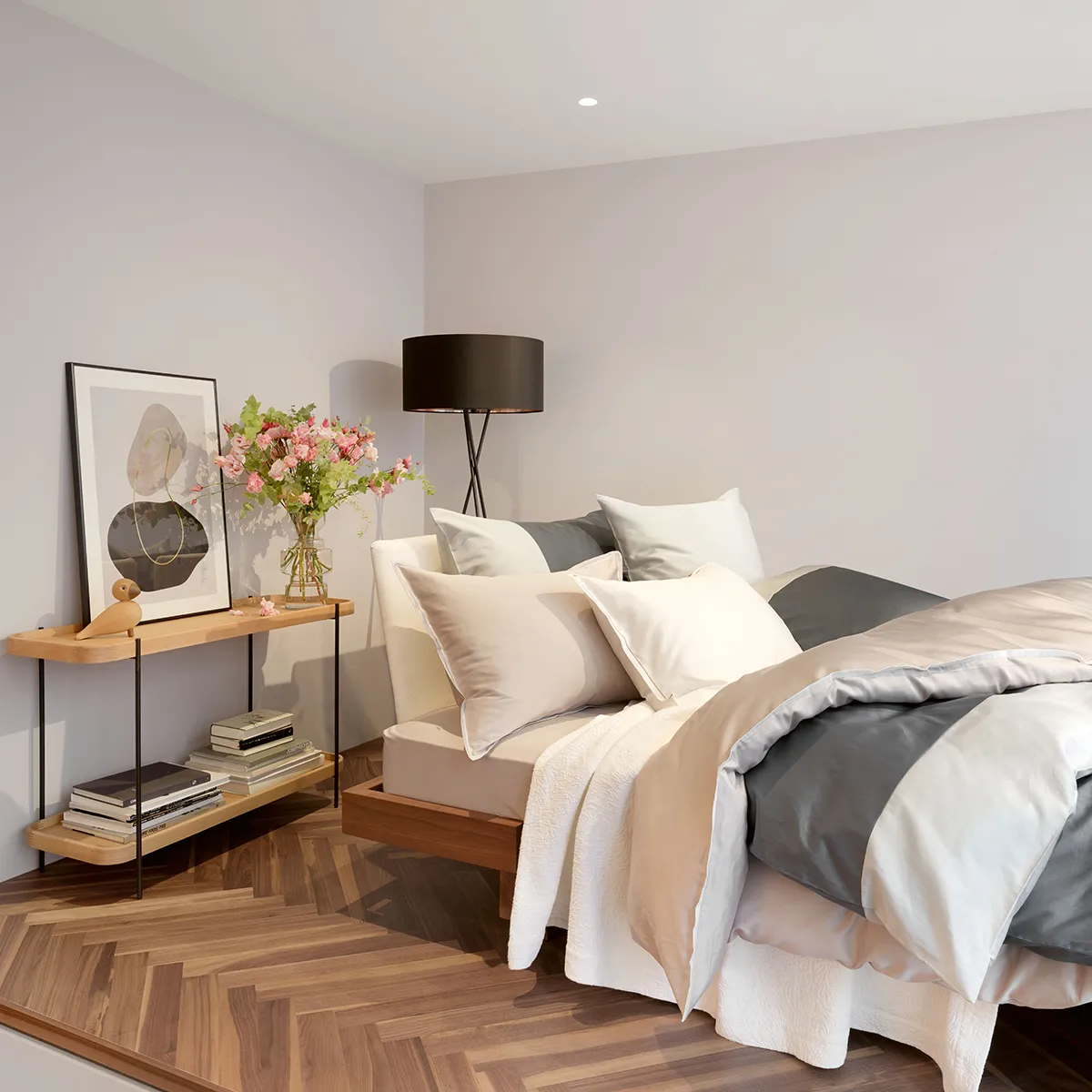 Bett im Schaufenster der Schlossberg Boutique Zürich. Schlossberg_Boutique_Zurich_Schlafzimmer 1_1200x1200