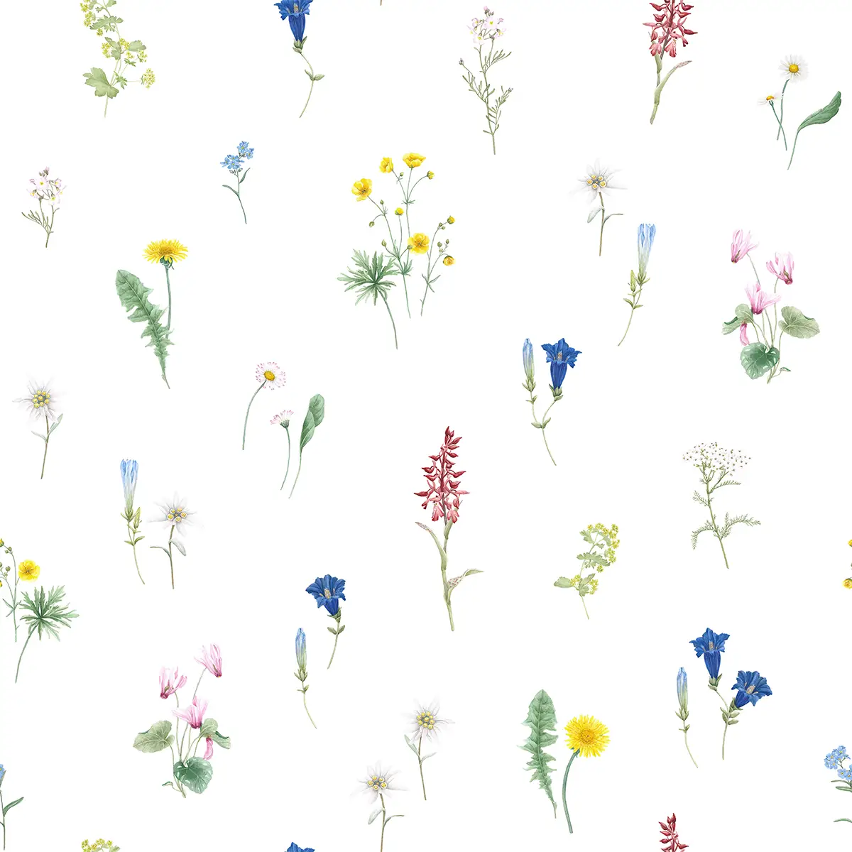 Florales Muster auf weisser Bettwäsche "Flurina" - Nahe Ansicht Weisse Bettwäsche "Flurina" mit einem zarten floralen Muster, das verschiedene Blumen und Pflanzen in sanften Farben zeigt.