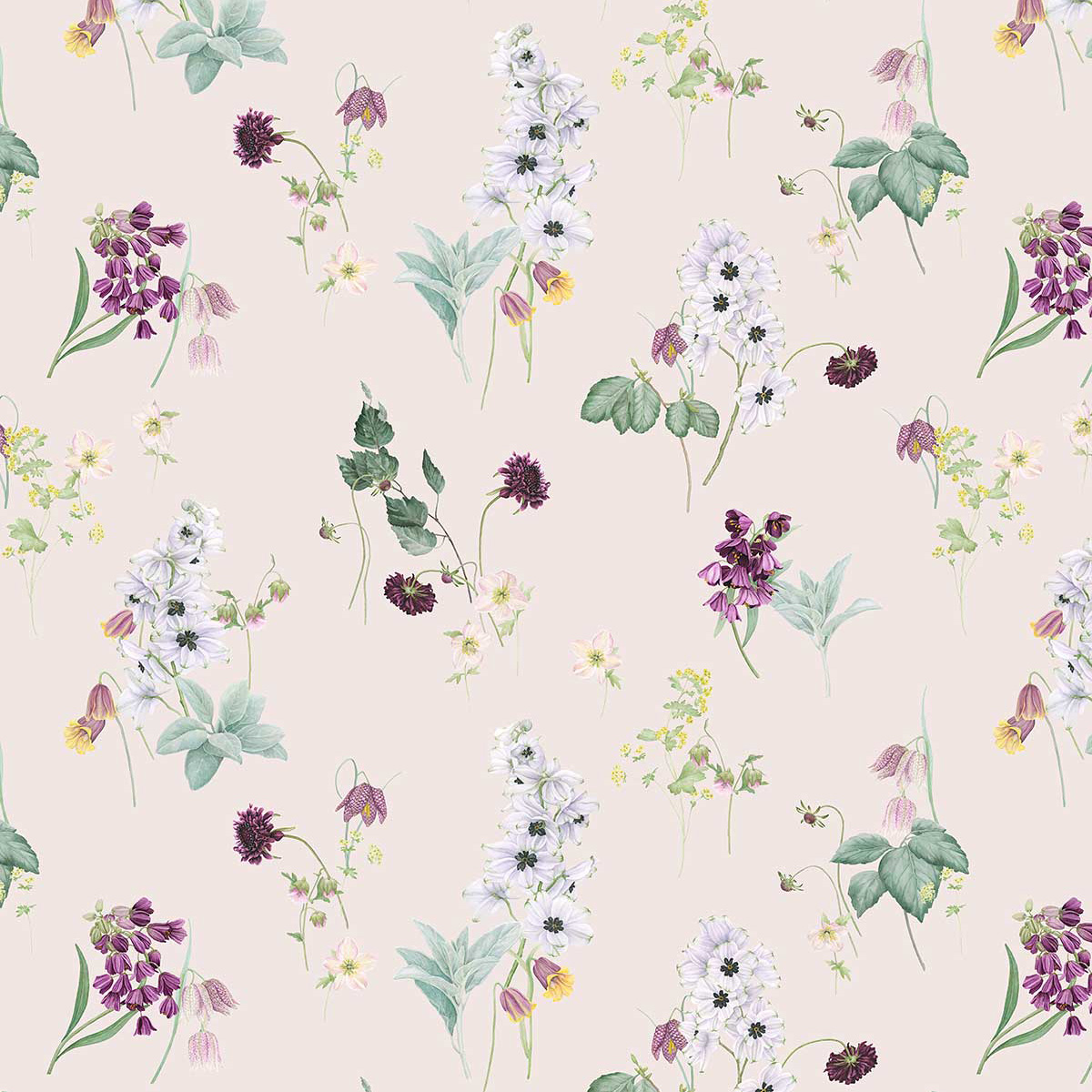 Titel: Florales Muster auf beiger Bettwäsche "Freya" - Nahe Ansicht Beigefarbene Bettwäsche "Freya" mit einem zarten floralen Muster, das verschiedene Blumen in sanften Farben zeigt.