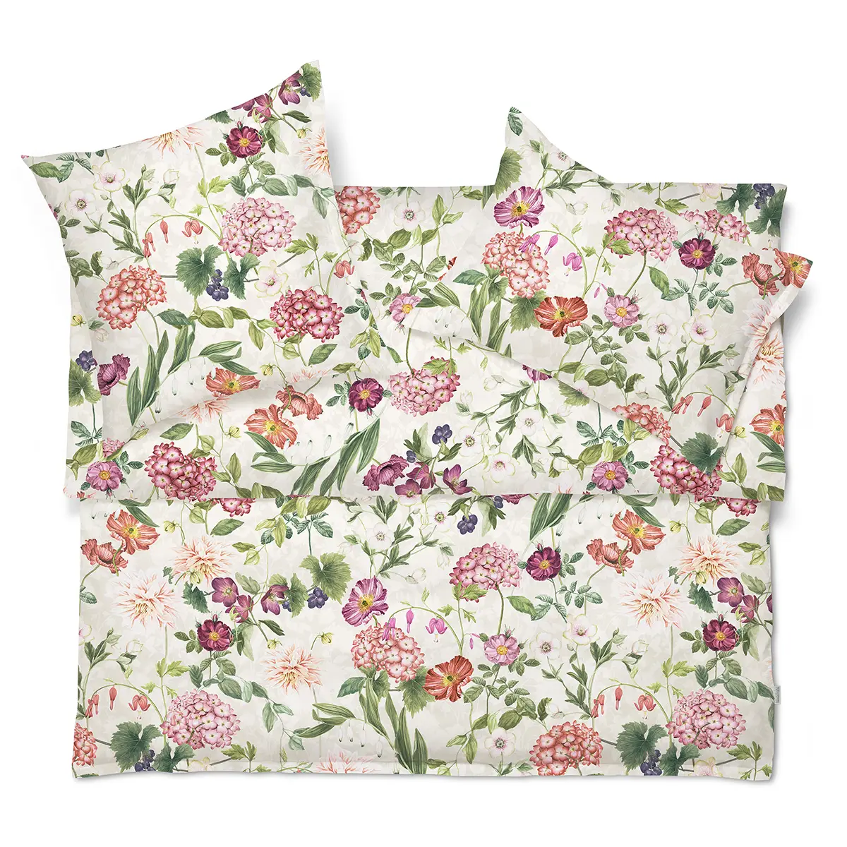 Komplettes Set der Ophelia Bettwäsche, bestehend aus einem Bettbezug und zwei Kissenbezügen mit einem farbenfrohen Blumenmuster.