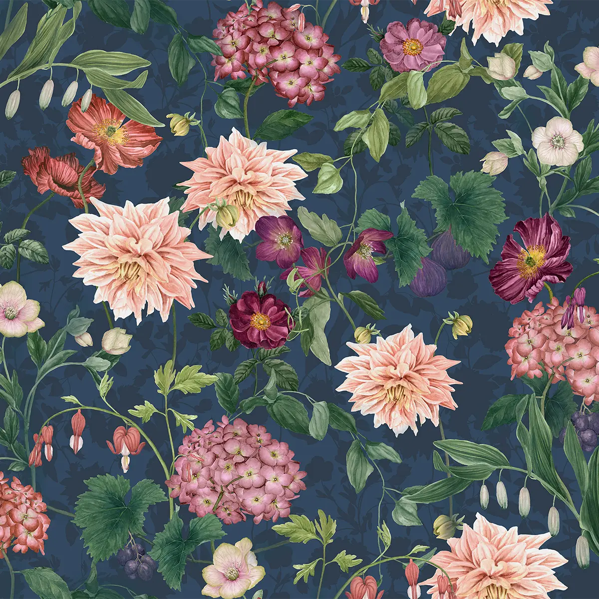 Ophelia Bettwäsche Design in Dunkelblau Das florale Design der Ophelia Bettwäsche auf einem dunkelblauen Hintergrund, das leuchtende Blüten und Blätter in kräftigen Farben zeigt.