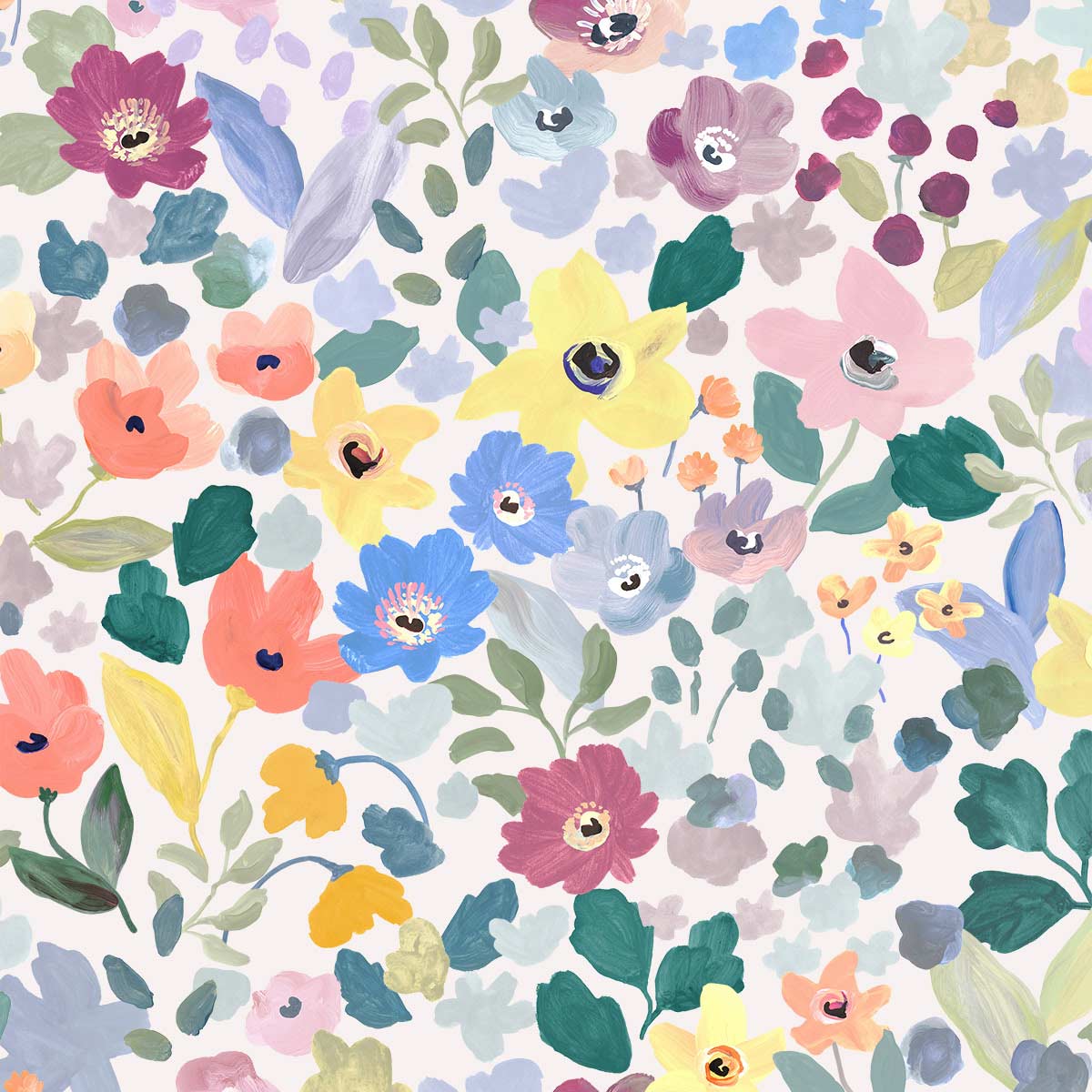 Ein nahe Ansicht des blumigen Musters auf der Bettwäsche "Hanna", das in kräftigen Farben auf weissem Hintergrund gestaltet ist.