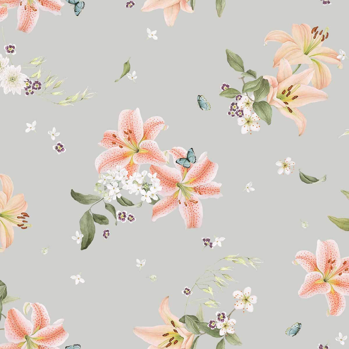 Blumenmuster der Lilian Bettwäsche mit Lilien und Schmetterlingen auf grünem Hintergrund.