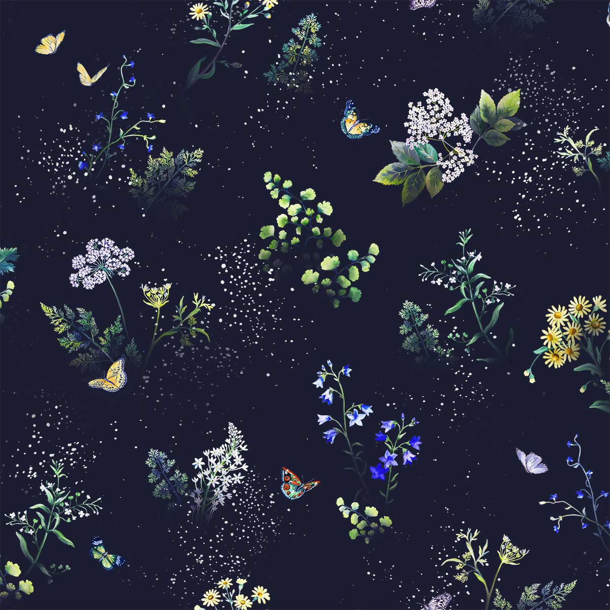 Florales Muster der Bettwäsche Mid Summer Night Detailliertes florales Muster der Bettwäsche Mid Summer Night auf dunklem Hintergrund mit verschiedenen Blumen, Blättern und Schmetterlingen.